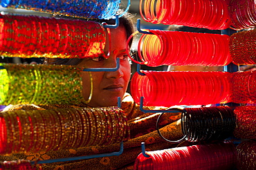 A street stall selling colourful glass bangles, Nepal, Asia