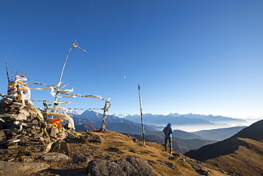 Summit of Pikey Peak with prayer flags, Edmund Hillary's favourite view of Everest, Makulu and Kanchenjunga visible, Himalayas, Nepal, Asia