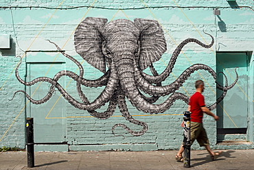 Octophant mural by Alexis Diaz, near Brick Lane, Shoreditch, London, England, United Kingdom, Europe