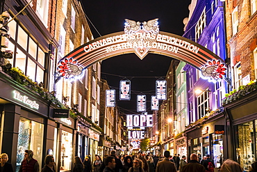 Alternative festive Christmas lights in Carnaby Street, Soho, London, England, United Kingdom, Europe