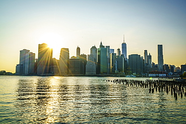 Manhattan skyline at sunset, New York City, United States of America, North America