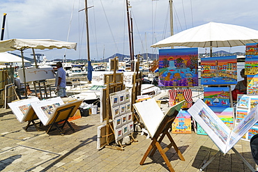 Art for sale by the harbour, Saint Tropez, Var, Cote d'Azur, Provence, French Riviera, France, Mediterranean, Europe