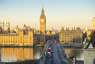 High angle view of Big Ben, the Palace of Westminster, UNESCO World Heritage Site, and Westminster Bridge, London, England, United Kingdom, Europe