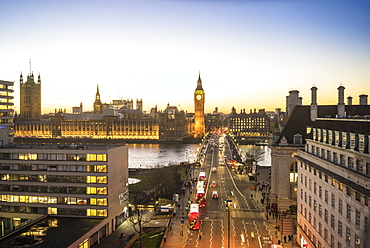 High angle view of Big Ben, the Palace of Westminster and Westminster Bridge at dusk, London, England, United Kingdom, Europe