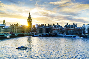 Big Ben (the Elizabeth Tower) and Westminster Bridge at sunset, London, England, United Kingdom, Europe