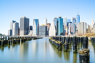 Lower Manhattan skyline viewed from Brooklyn side of East River, New York City, United States of America, North America