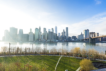 Lower Manhattan skyline and Brooklyn Bridge, New York City, United States of America, North America