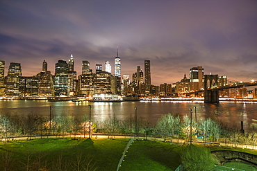 Manhattan skyline and Brooklyn Bridge, before sunrise, New York City, United States of America, North America