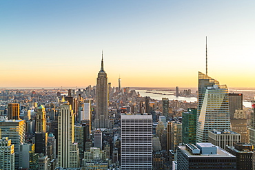 Manhattan skyline and Empire State Building, sunset, New York City, United States of America, North America