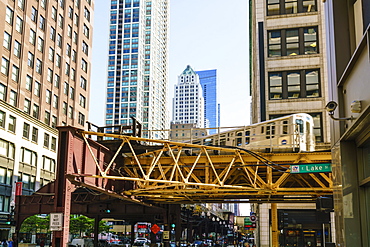 CTA train on the Loop track which runs above ground in downtown Chicago, Illinois, United States of America, North America