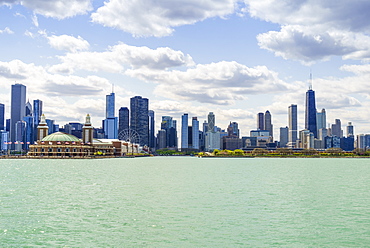 Chicago skyline and Navy Pier from Lake Michigan, Chicago, Illinois, United States of America, North America