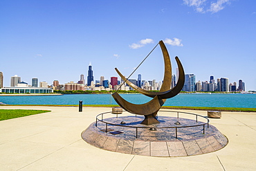 The Adler Planetarium sundial with Lake Michigan and city skyline beyond, Chicago, Illinois, United States of America, North America