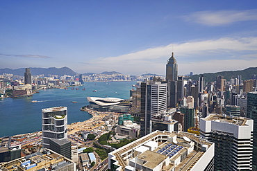 Hong Kong skyline just before sunrise looking from Hong Kong Island across Victoria Harbour to Kowloon, Hong Kong, China, Asia