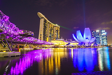 Helix Bridge, Marina Bay Sands and ArtScience Museum illuminated at night, Marina Bay, Singapore, Southeast Asia, Asia