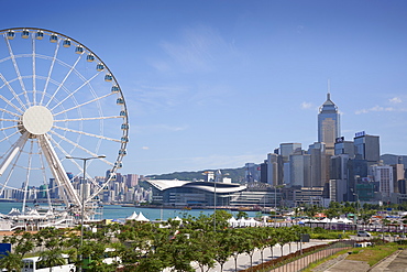 The Hong Kong Observation Wheel, Victoria Harbour, beyond is the International Convention Centre, Hong Kong Island, Hong Kong, China, Asia