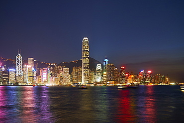 City skyline at night of the financial centre on Hong Kong Island with Bank of China Tower and Two International Finance Centre (2IFC), Hong Kong, China, Asia