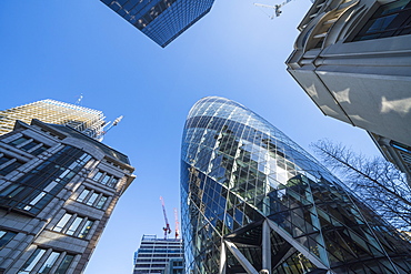 Financial district skyscrapers, including 30 St. Mary Axe, known as the Gherkin, City of London, London, England, United Kingdom, Europe