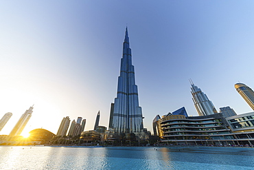 Burj Khalifa and Lake at sunset, Dubai, United Arab Emirates, Middle East