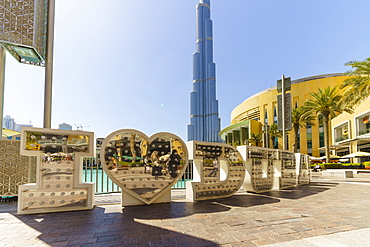 Burj Khalifa and I Love Dubai sign by the Lake, Downtown, Dubai, United Arab Emirates, Middle East