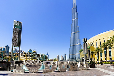 Burj Khalifa and I Love Dubai sign by the Lake, Downtown, Dubai, United Arab Emirates, Middle East