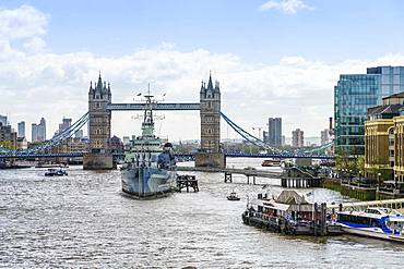 Tower Bridge with HMS Belfast in the foreground, River Thames, London, England, United Kingdom, Europe