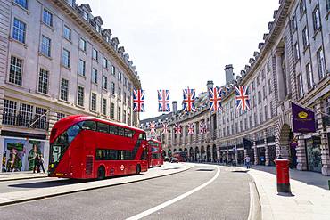 Union flags flying in Regent Street, London, W1, England, United Kingdom, Europe