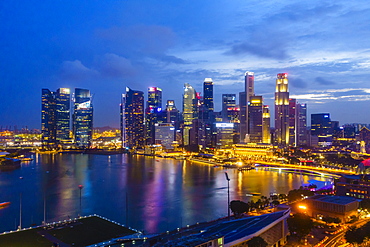 The towers of the Central Business District and Marina Bay by night, Singapore, Southeast Asia, Asia