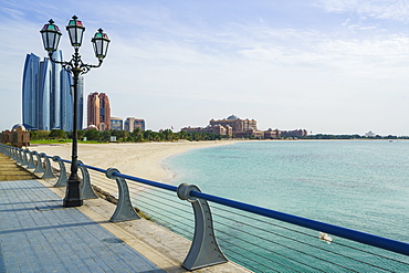 View from the Breakwater towards Etihad Towers and Emirates Palace Hotel and beach, Abu Dhabi, United Arab Emirates, Middle East