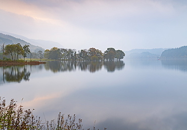 A misty autumn morning at Kinlochard, Loch Ard, Aberfoyle, Loch Lomond and The Trossachs National Park, Stirlingshire, Scotland, United Kingdom, Europe