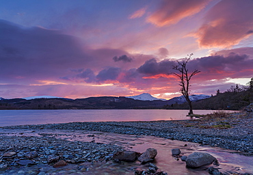 Sun setting over Ben Lomond and Loch Ard near Aberfoyle in the Loch Lomond and The Trossachs National Park, Stirlingshire, Scotland, United Kingdom, Europe