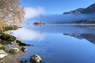 Norfolk Island shrouded in mist, Ullswater, Lake District National Park, UNESCO World Heritage Site, Cumbria, England, United Kingdom, Europe