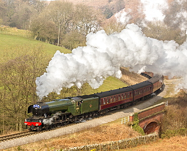 The Flying Scotsman steam locomotive arriving at Goathland station on the North Yorkshire Moors Railway, Yorkshire, England, United Kingdom, Europe