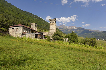 Traditional medieval Svaneti tower houses, Mestia village, Svaneti region, Caucasus, Georgia