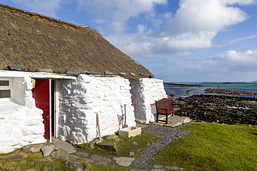 Thatched cottage and hostel, Isle of Berneray, North Uist, Outer Hebrides, Scotland, United Kingdom, Europe