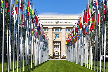 Building A and Flags, The United Nations Office at Geneva (UNOG), Geneva, Switzerland, Europe