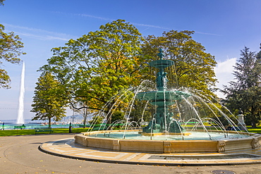 Fontaine des Quatre Saisons, (Fountain of the Four Seasons), Jardin Anglais, urban park, Geneva, Switzerland, Europe