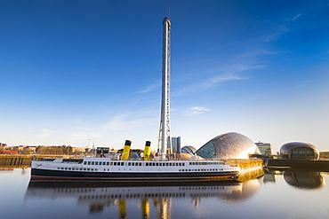 TS Queen Mary, Clyde Steamer, in front of Glasgow Tower, Science Museum and IMax, Glasgow, Scotland, United Kingdom, Europe