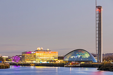 BBC Scotland, Science Museum and Glasgow Tower, Pacific Quay at dusk, Glasgow, Scotland, United Kingdom, Europe