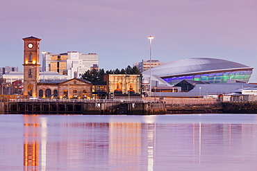 Queen's Dock, Old Pump House, Clydeside Distillery and Hydro, at dusk, Glasgow, Scotland, United Kingdom, Europe