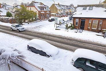 Snow covered streets, Renfrew, Scotland, United Kingdom, Europe