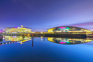 BBC Scotland Headquarters and The Science Museum at dusk, River Clyde, Glasgow, Scotland, United Kingdom, Europe