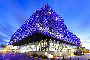 The Library of Birmingham, illuminated at night, Centenary Square, Birmingham, England, United Kingdom, Europe