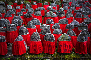 Old jizo statues with red bibs, Risho-in temple, Kyoto, Japan, Asia