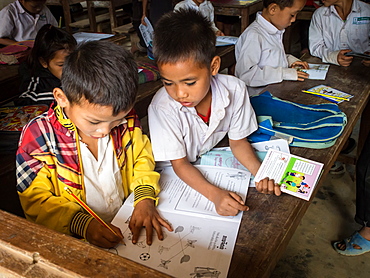 Young boys in school classroom, Houy Mieng, Laos, Indochina, Southeast Asia, Asia