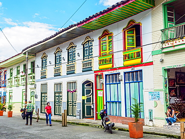 Colorful buildings line the streets, Filandia, Coffee Region, Colombia, South America