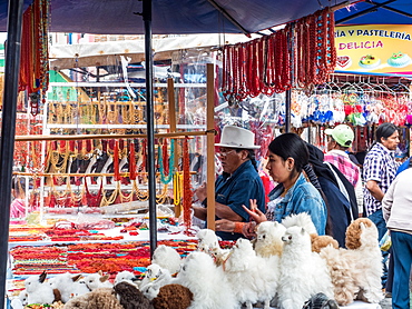 Goods for sale, market, Plaza de los Ponchos, Otavalo, Ecuador, South America