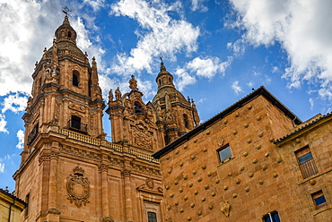 Facade to 16th-century Gothic palace covered in symbolic seashell motifs, now an exhibition space and library, Salamanca, Castilla y Leon, Spain, Europe