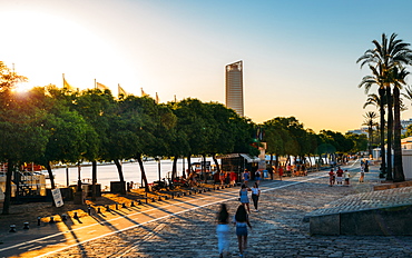 Paseo Alcalde Marques del Contadero along the Canal de Alfonso XIII at sunset, Seville, Andalusia, Spain, Europe