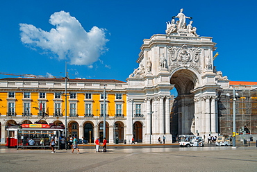 Traditional tram at Rua Augusta Arch on the Commerce Square, a tourist attraction, Lisbon, Portugal, Europe