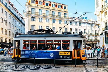 Traditional tram at Chiado neighbourhood in Lisbon, Portugal, Europe